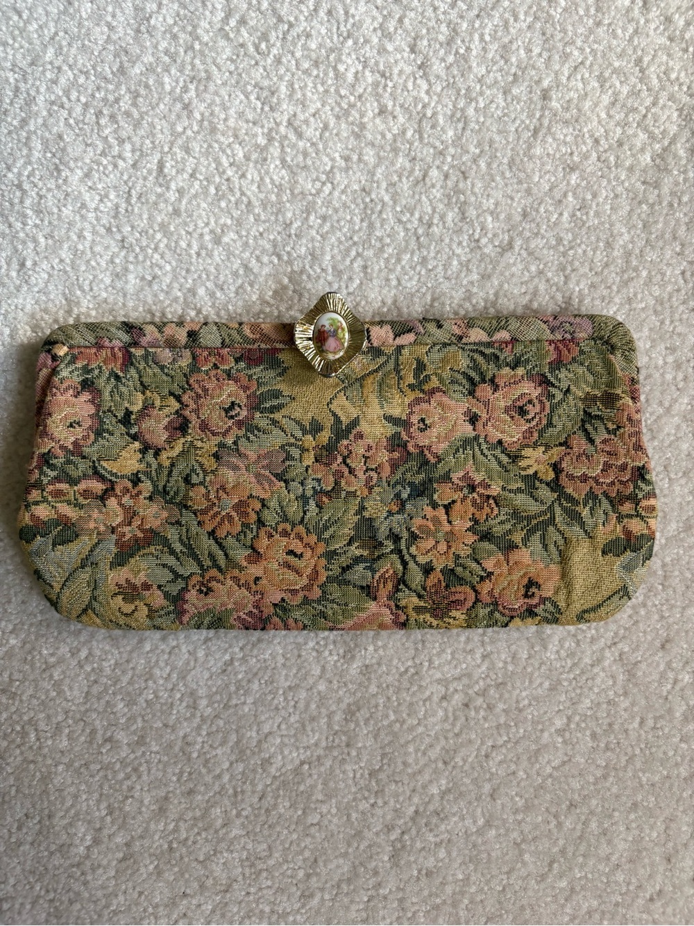 Vintage 1950s Admiral Floral Tapestry Clutch Limoges-style porcelain cameo Clasp
